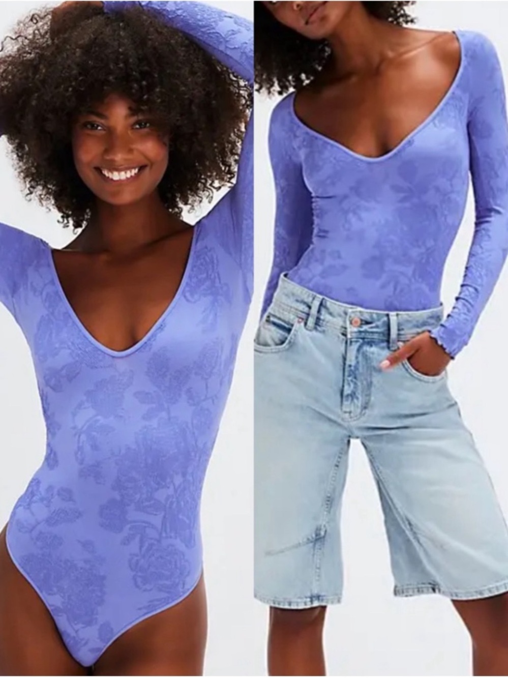 NWT Intimately Free People Blue Periwinkle Stretch Lace Long Sleeve Bodysuit M/L